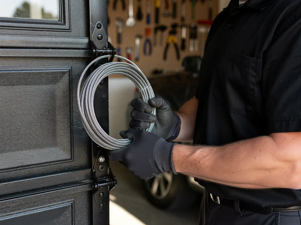 A technician wearing gloves holds a coiled garage door cable next to a black garage door.