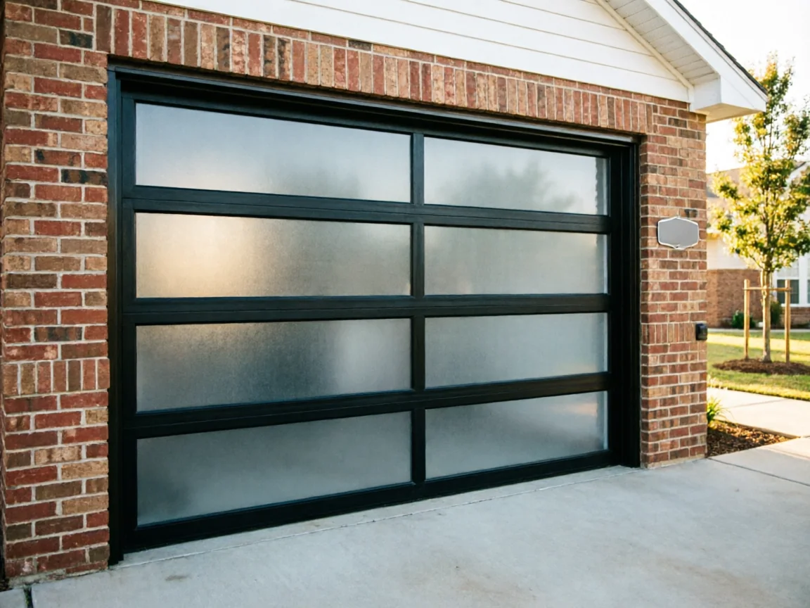 A modern black garage door with frosted glass panels on a brick house.