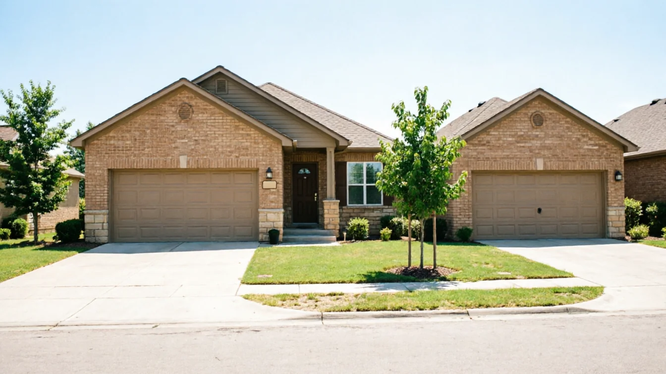 Two houses with brown garage doors and brick exteriors are visible from the street.