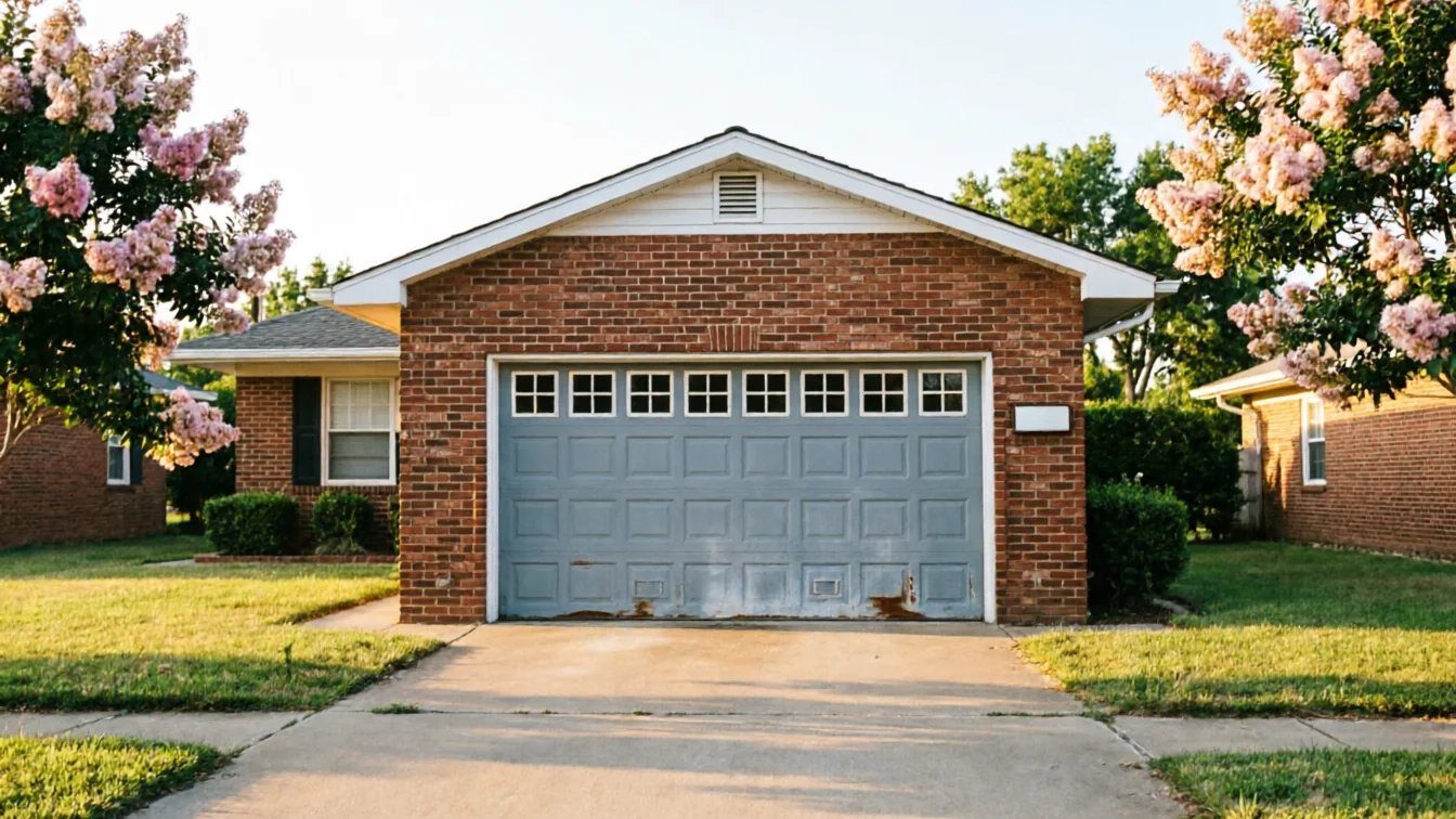 A brick house has a weathered gray garage door with windows across the top.