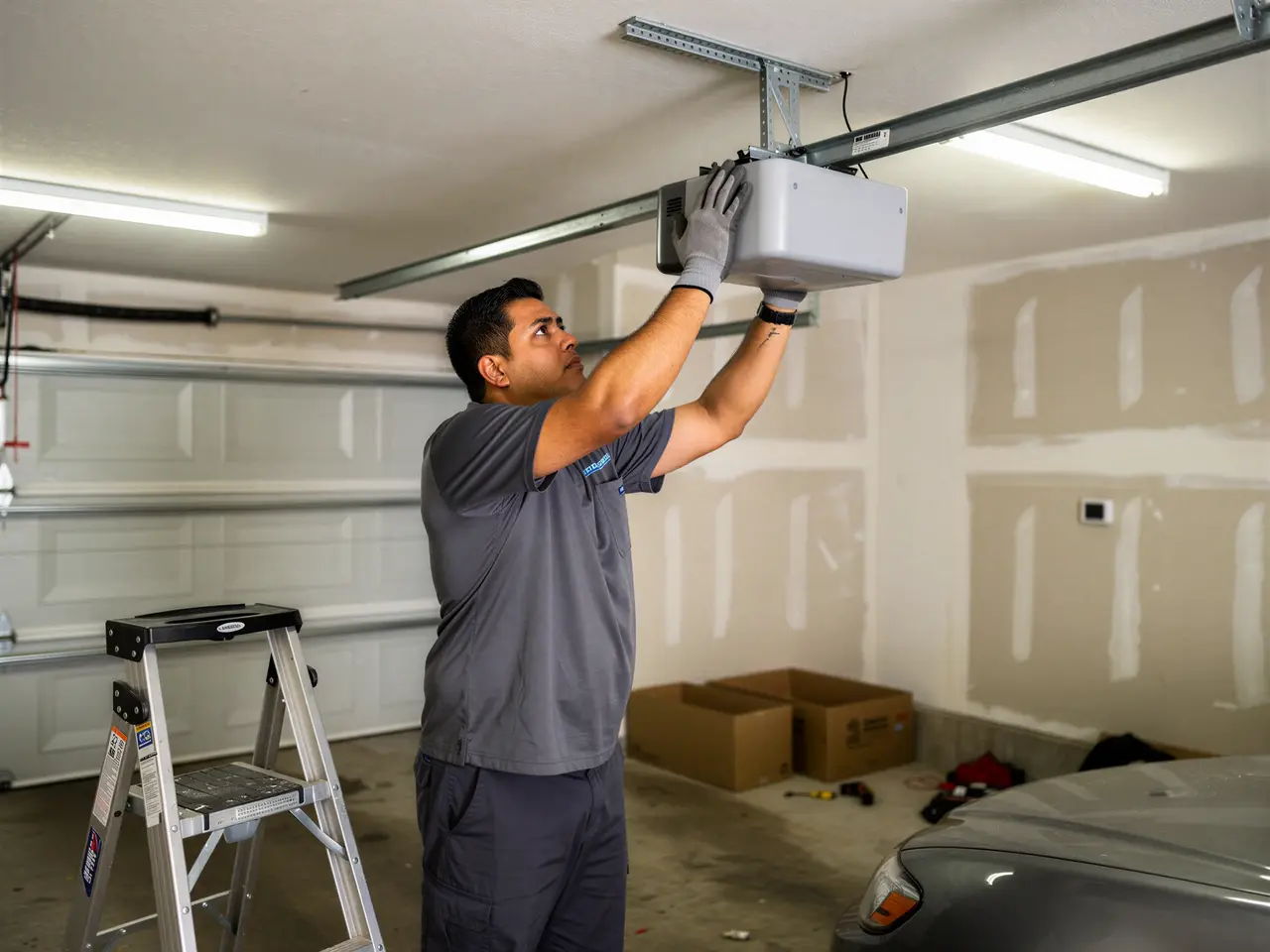 A technician in a gray shirt installs a garage door opener in a garage.